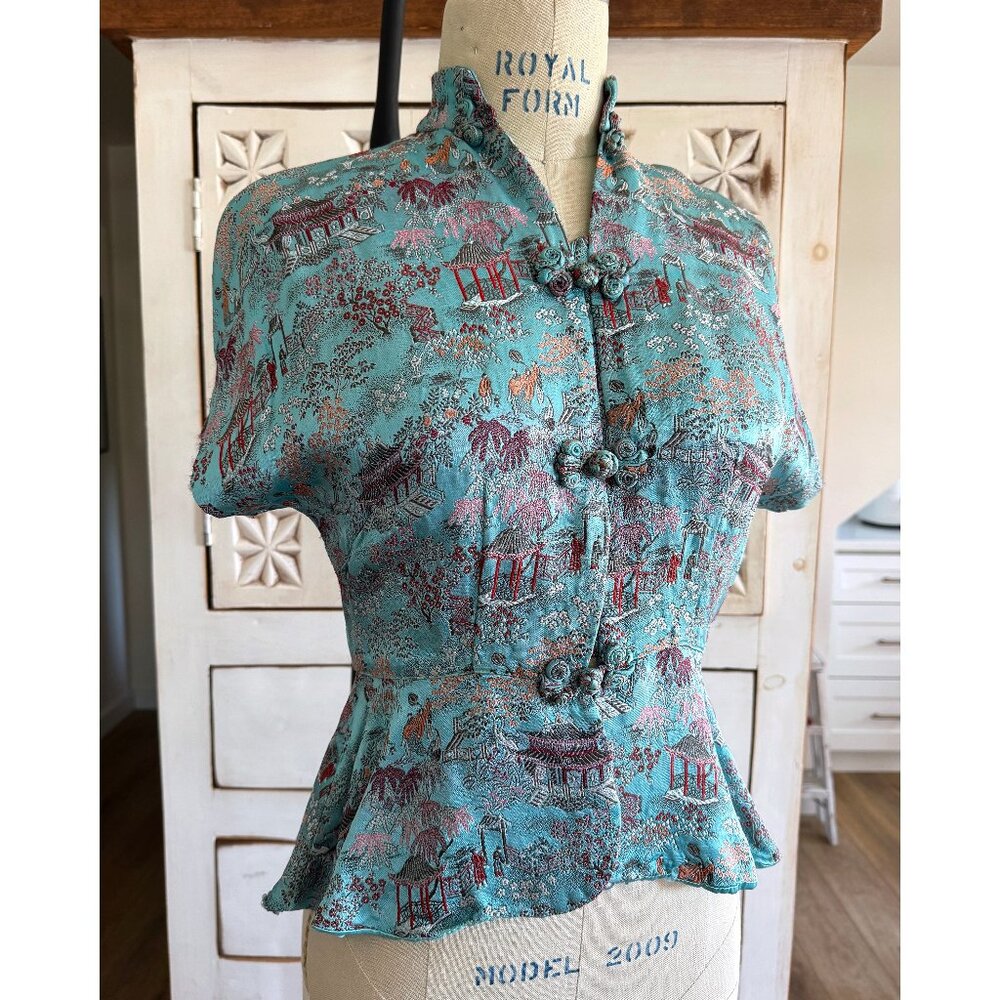 Antique 40s Asian Chinoiserie Cheongsam Silk Peplum Top S